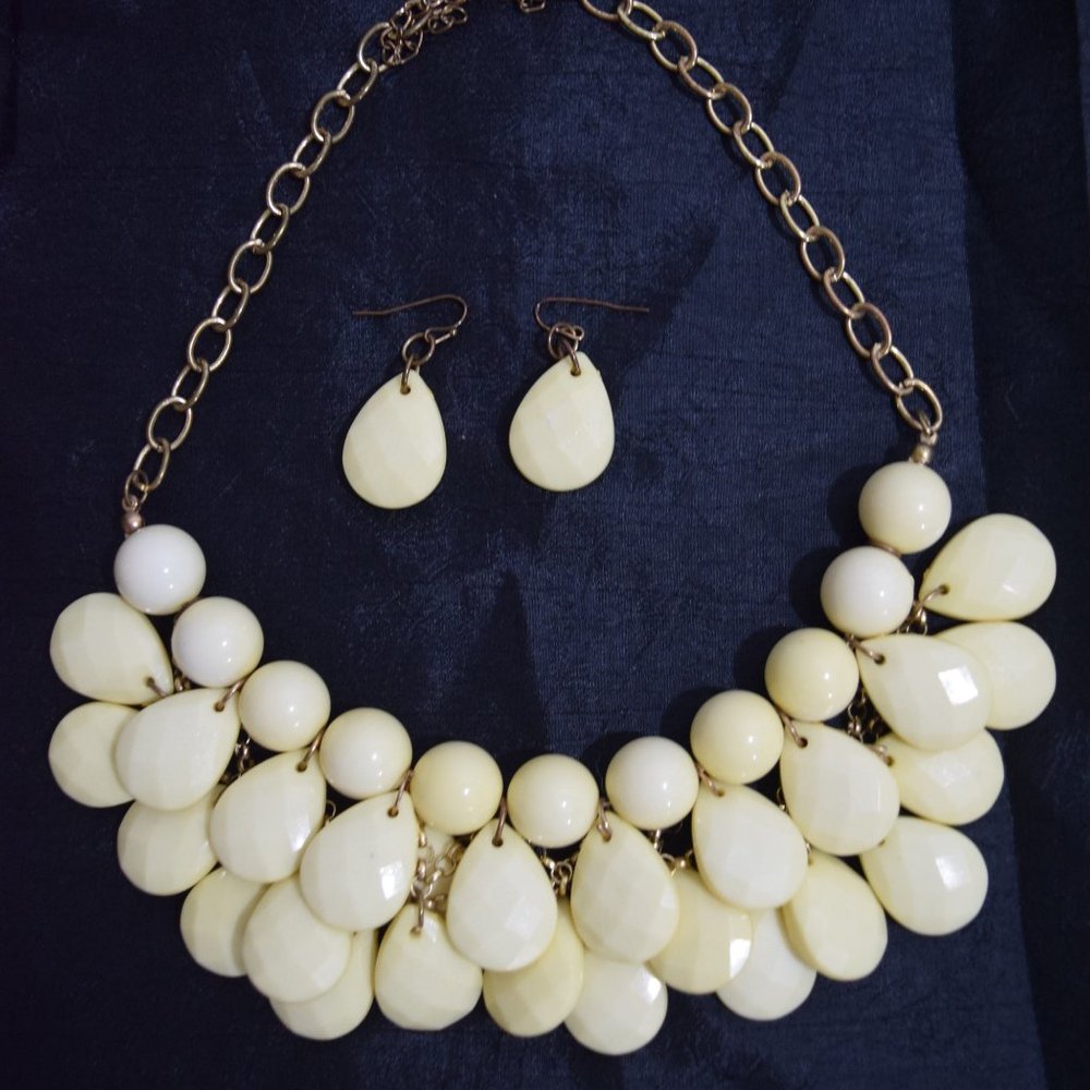 Avon White Necklace Earrings Set Gold Tone Metal